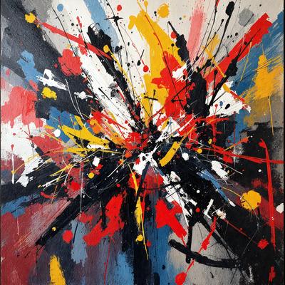 The primary subject of the image is a painting featuring a colorful, abstract design. The painting is displayed on a wall, and the colors and mood of the painting are vibrant and lively. The visual style of the painting is a mix of digital art and illustration, creating a unique and eye-catching piece of art.